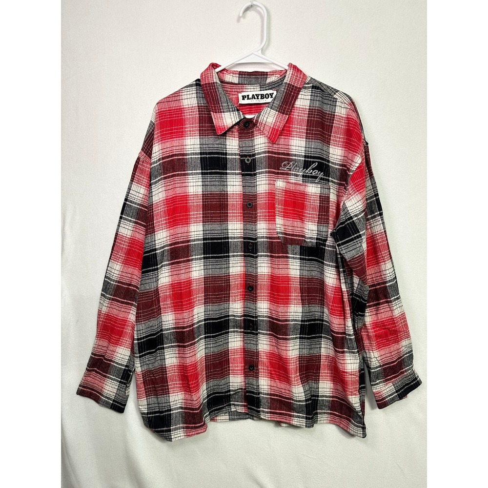 Playboy by PacSun Mens‎ Red Black White Plaid Flannel Shirt Size Medium